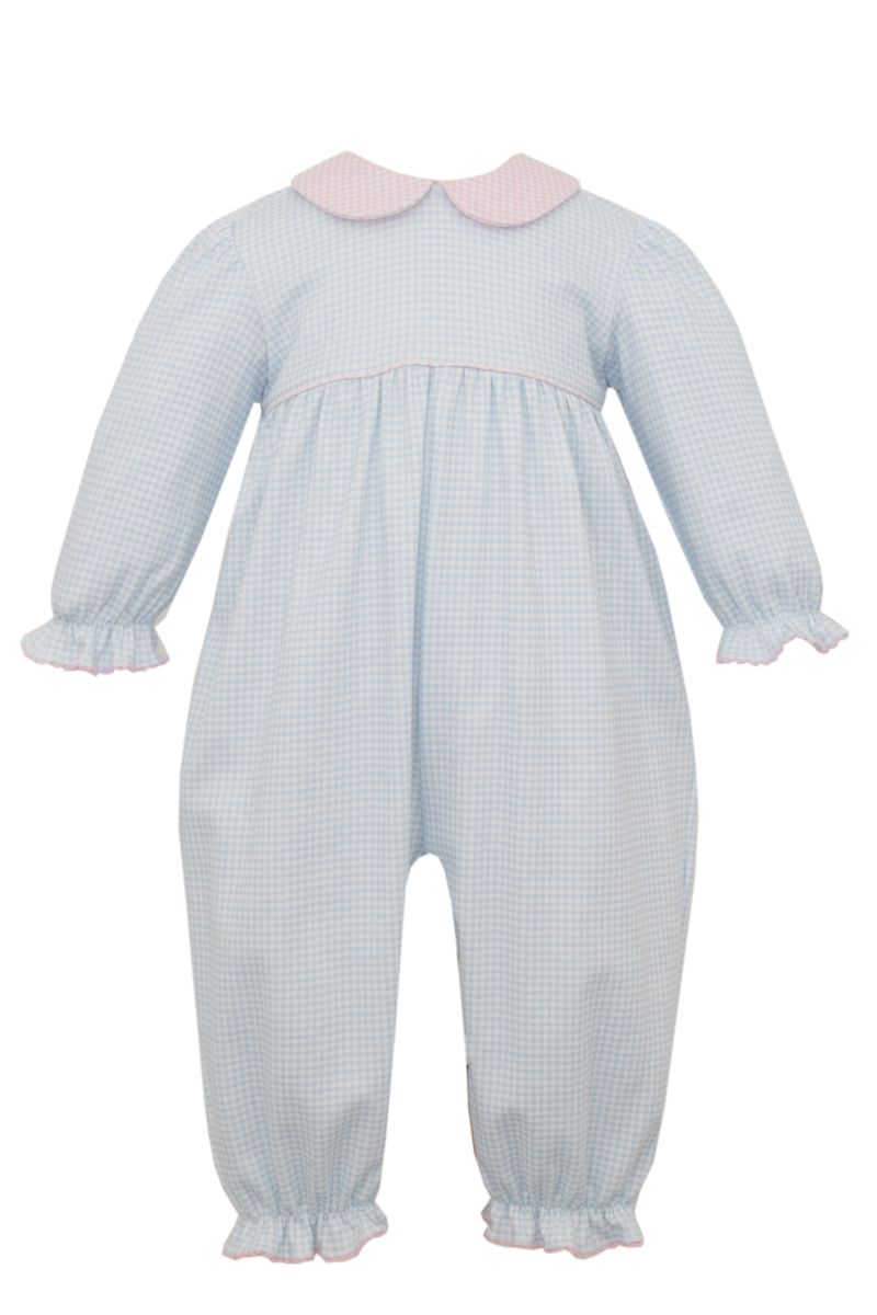 Emily Blue Gingham Pink Collar Romper - Knit