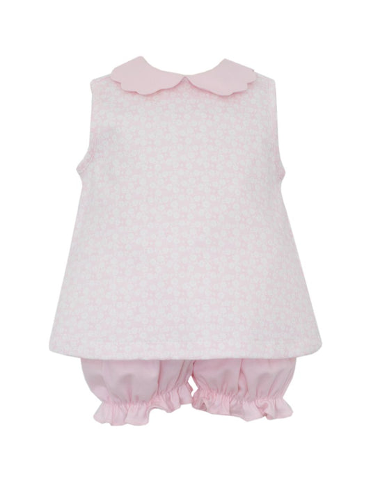 Pink knit floral sleeveless bloomer set w/ pink scalloped collar