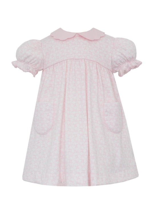 Pink Knit Floral Dress - Scallop Collar
