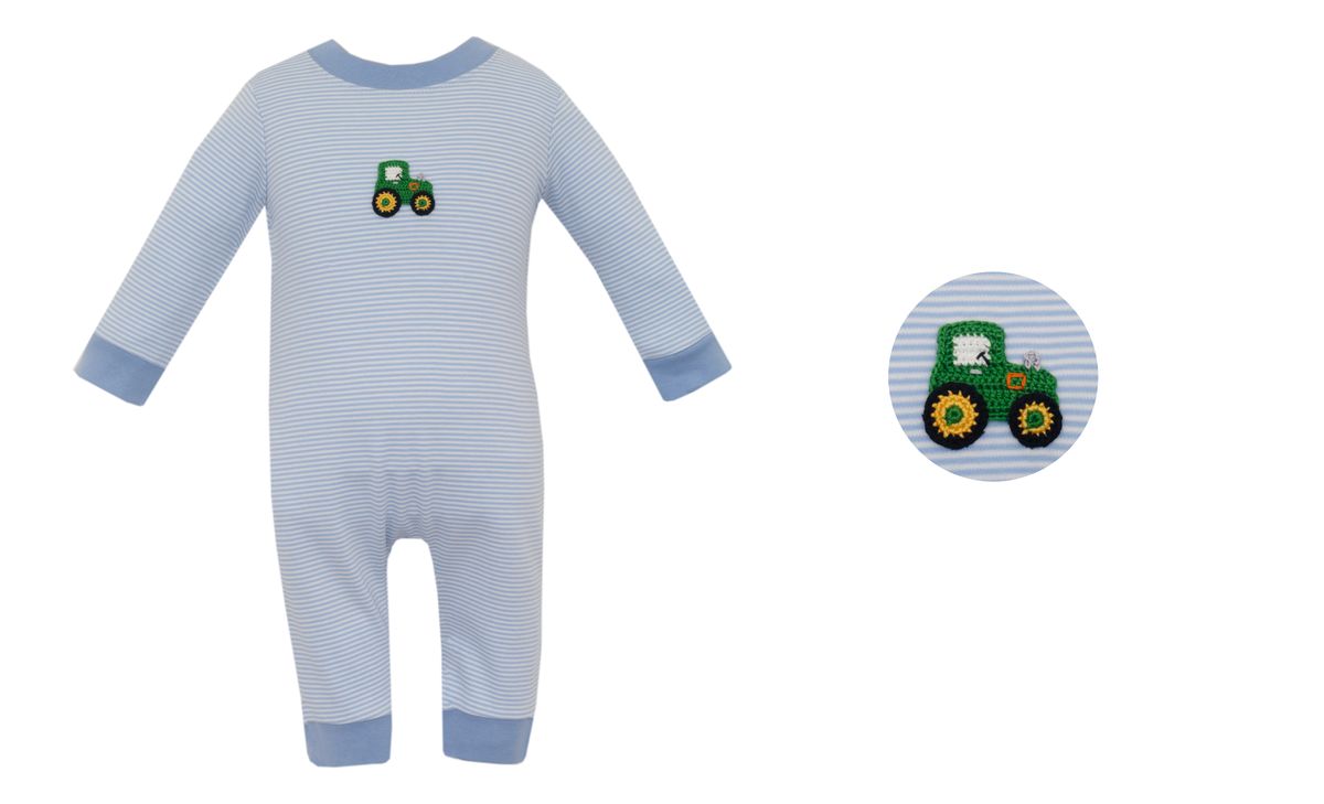 TRACTOR - Blue knit stripe boy's long romper **PREORDER- SHIPS MID AUGUST**