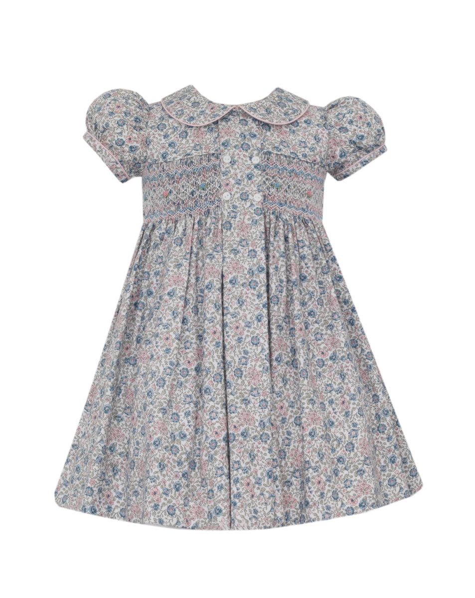 FLORENCE - Pink & Blue floral dress w/ front pleat w/ buttons **PREORDER-SHIPS MID AUGUST**