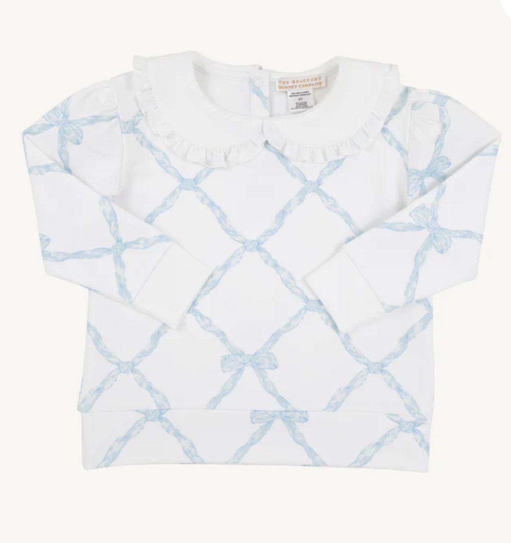 Maude's Ruffle Cassidy Comfy Crewneck-Belle Meade Bow Buckhead Blue