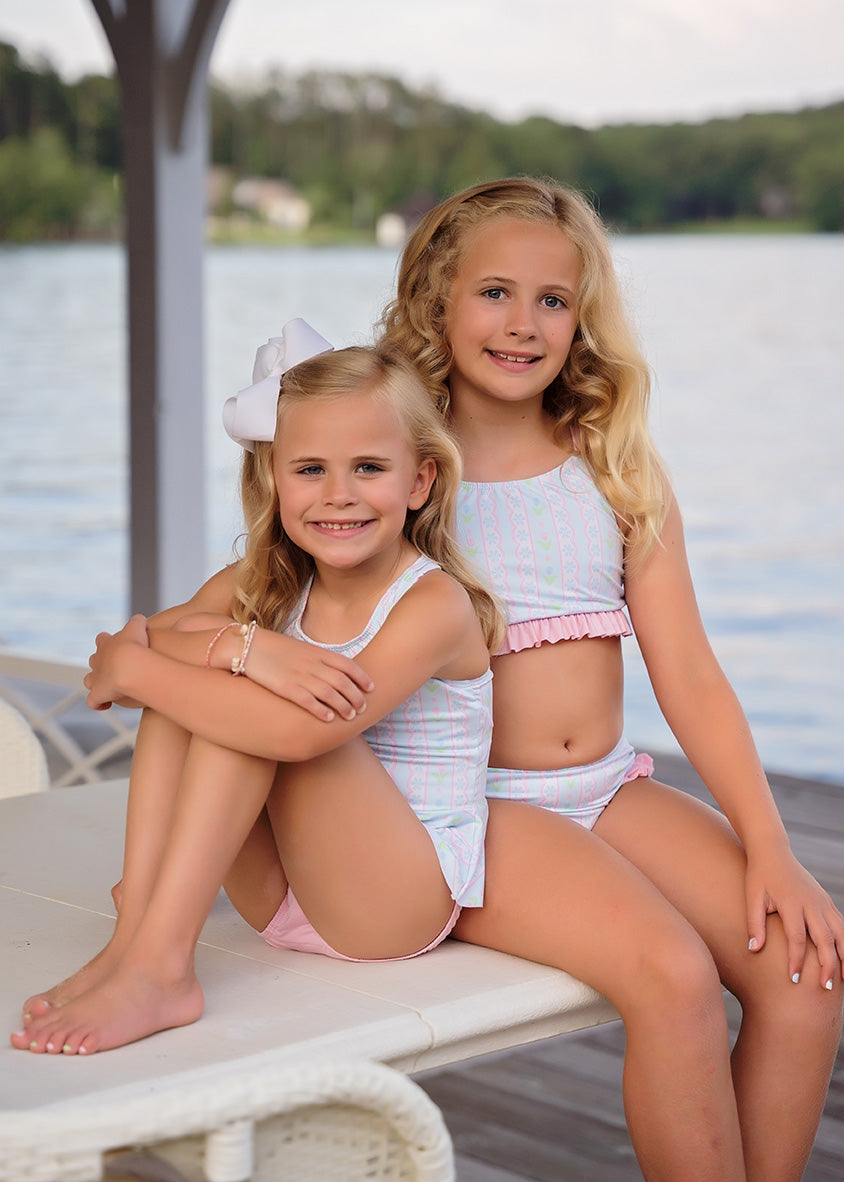 Lila Two Piece Swim - Blue Floral Scallop Two Piece Swim