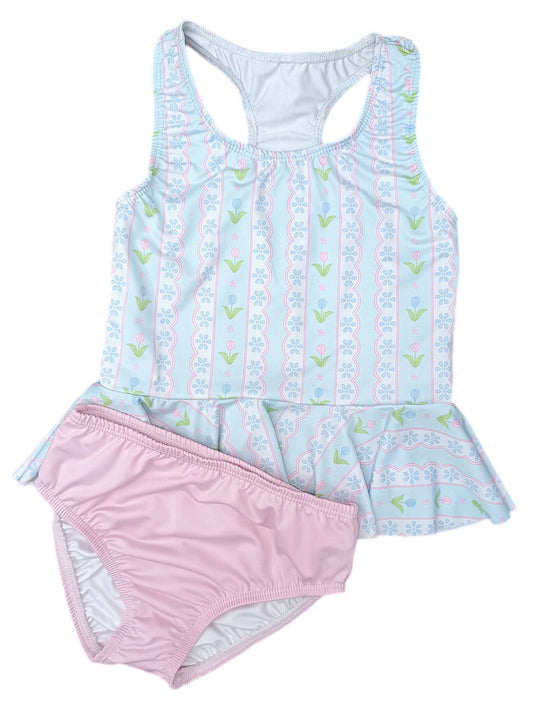 Collette Peplum Swim - Blue Floral Scallop Two Piece Peplum Swim *PRESALE*