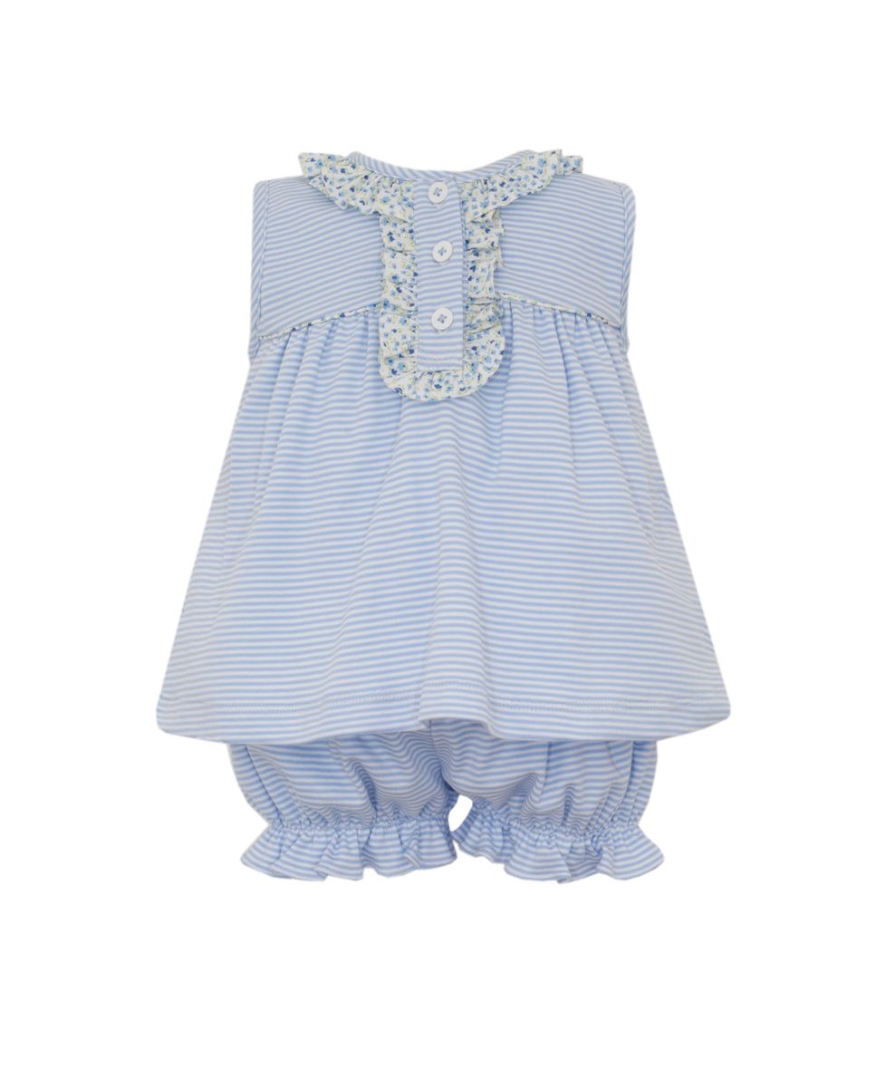 Blue Stripe Bloomer Set with Floral Ruffles