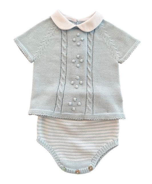 Braided Short Sleeve Sweater - Light Blue/Light Blue/White