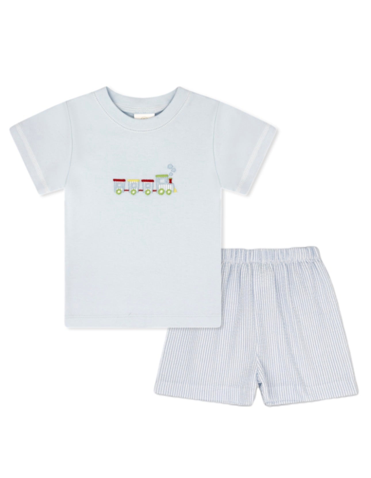 Preston Short Set - Train Embroidery, Simply Blue Seersucker