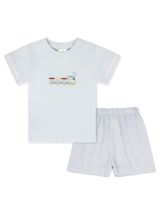 Preston Short Set - Train Embroidery, Simply Blue Seersucker