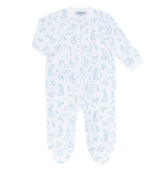 Blue Bunny Toile Zipper Footie - Blue