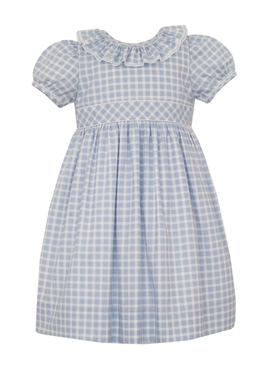Anna Dress - Blue check w/ double ruffle collar