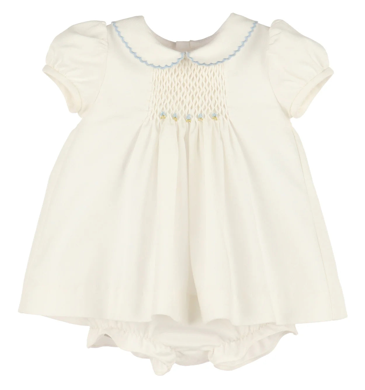 Honeycomb Smocked Dress - Ivory with Blue