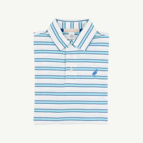 Prim & Proper SS Polo - Worth Ave White Belhaven Blue and Wood Boat Blue Stripe/Wood Boat Blue