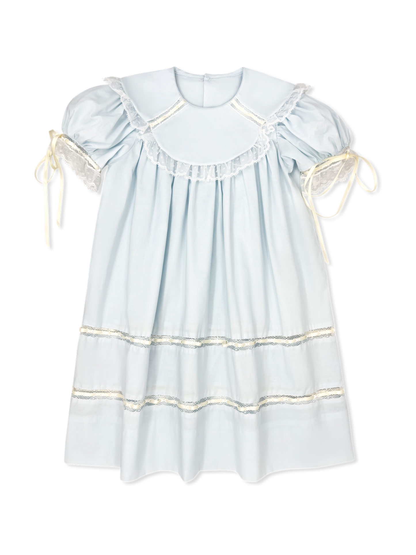 Donahue Dress- Blessings Blue Batiste with Ecru Lace and Ribbon