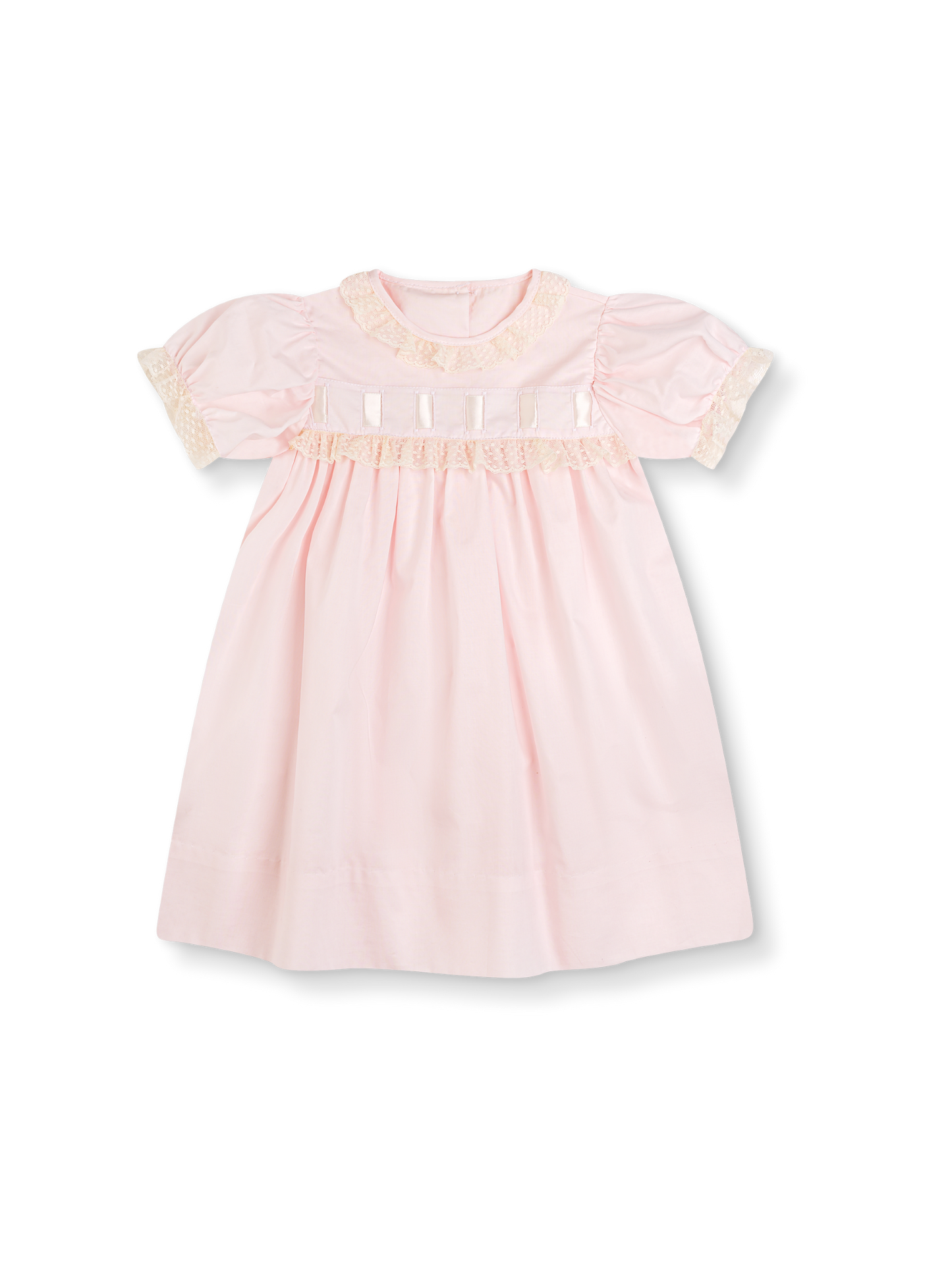 Paris Dress- Blessings Pink with Ecru Ribbon and Lace