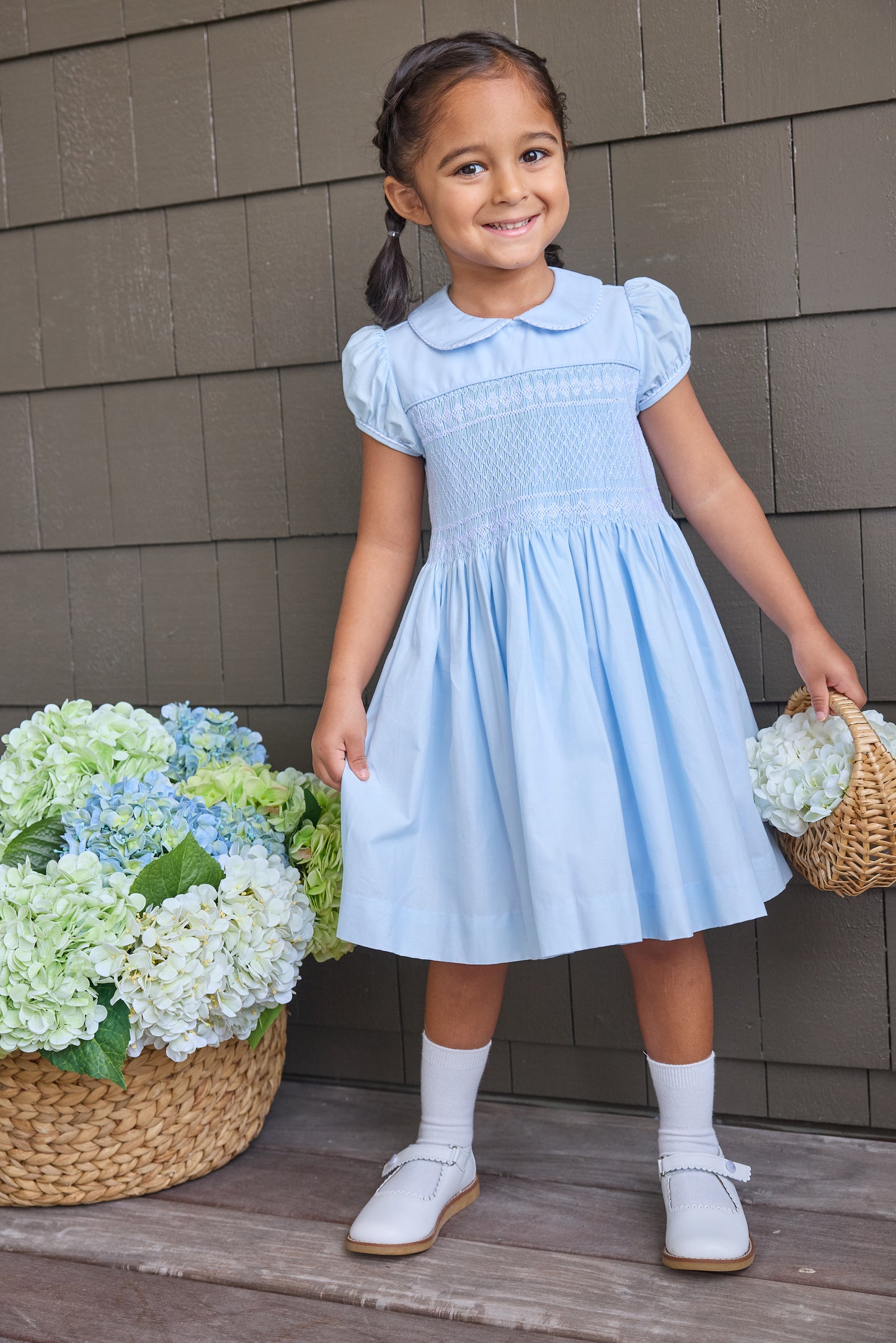 Smocked Emery Dress - Light Blue with White