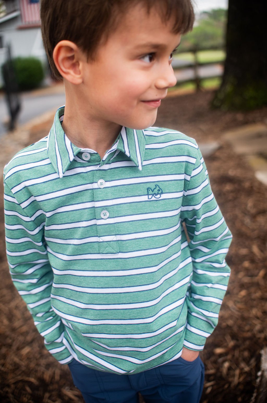 Boys Long Sleeve Too Cool for School Polo - Frosty Spruce Dark Denim Stripe