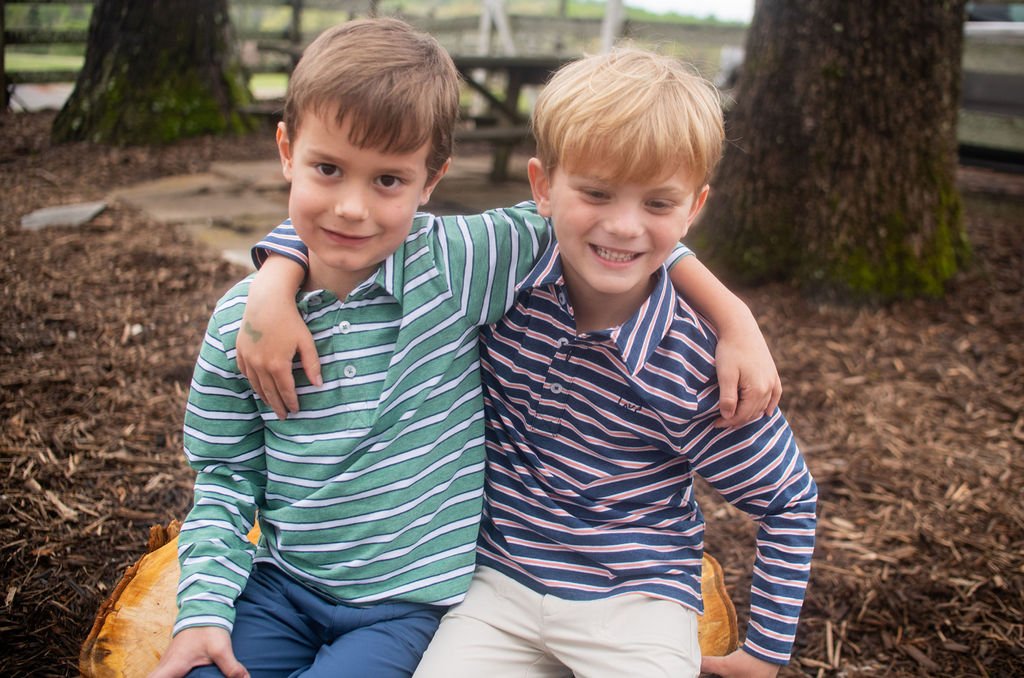 Boys Long Sleeve Too Cool for School Polo - Frosty Spruce Dark Denim Stripe