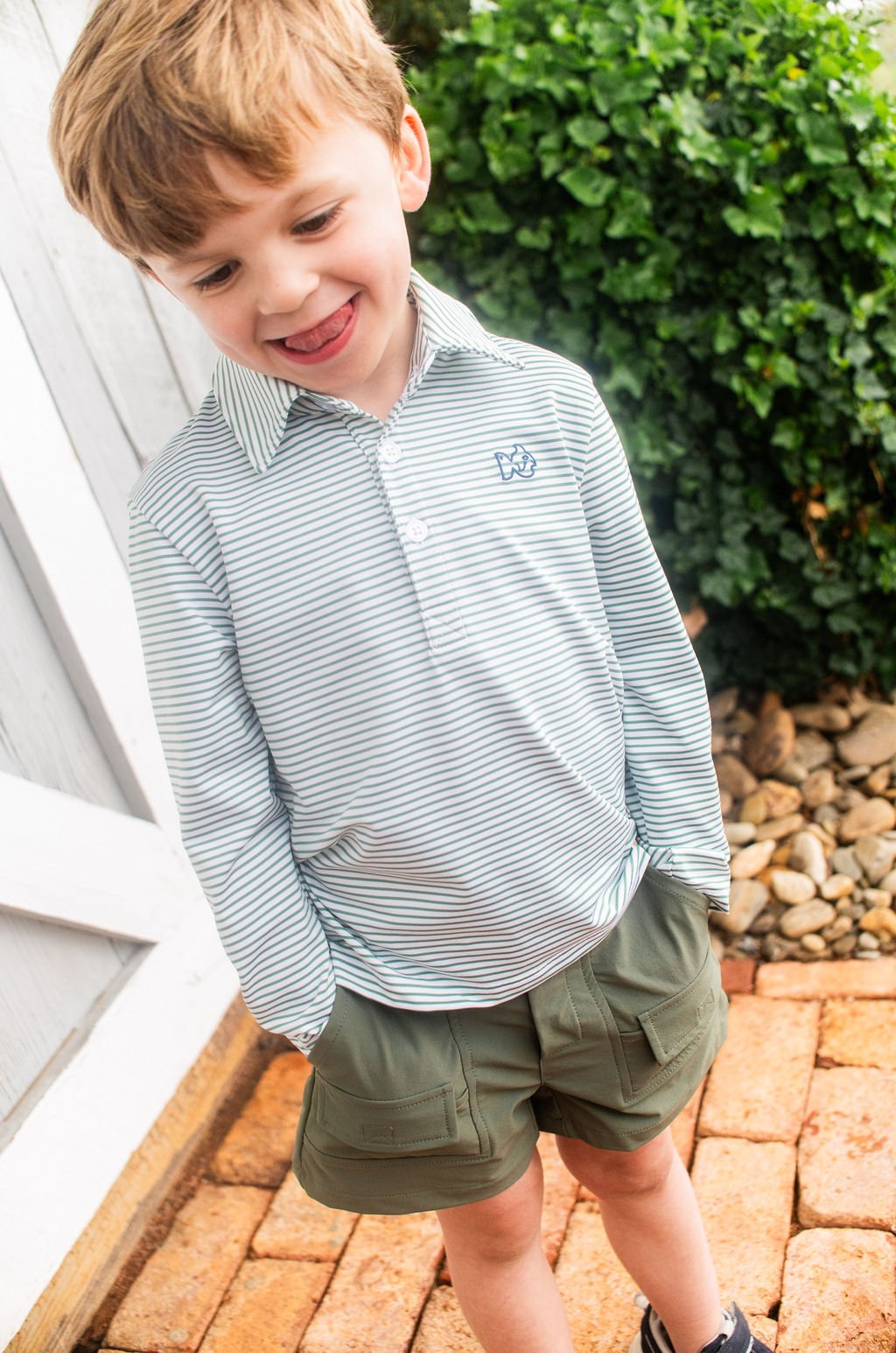 Boys Long Sleeve Pro Performance Polo - Frosty Spruce Stripe