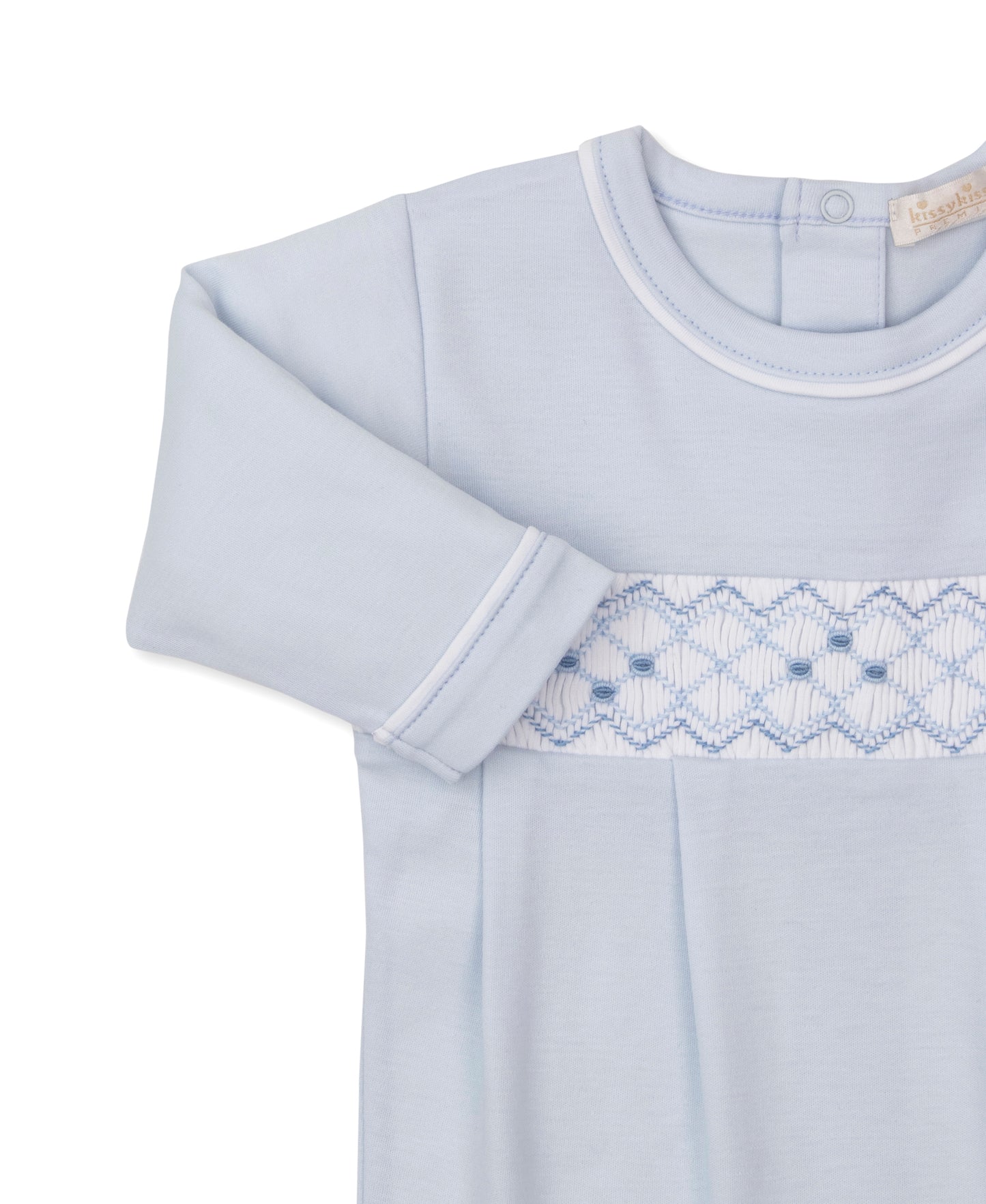 KISSY-Blue Footie with Hand Smocking