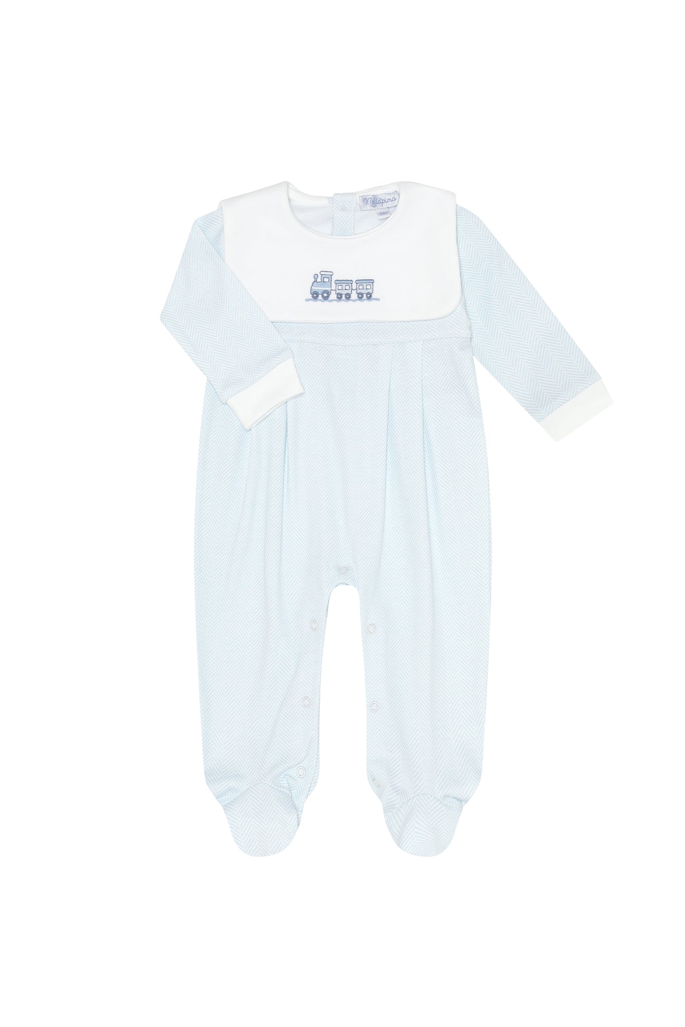 Blue Herringbone Embroidered Collared Footie- Train
