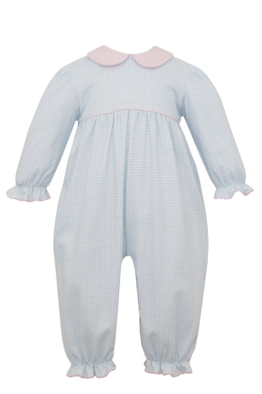 Emily Blue Gingham Pink Collar Romper - Knit