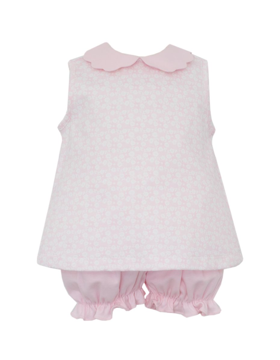 Pink knit floral sleeveless bloomer set w/ pink scalloped collar