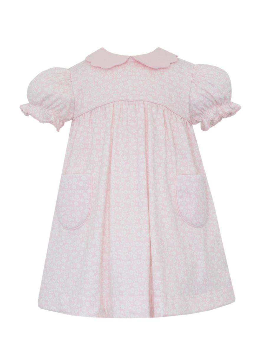 Pink Knit Floral Dress - Scallop Collar
