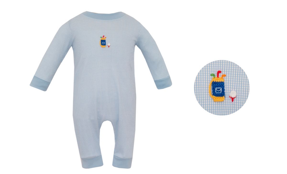GOLF - Blue check knit Boy's long romper  **PRESALE-SHIPS MID SEPTEMBER**