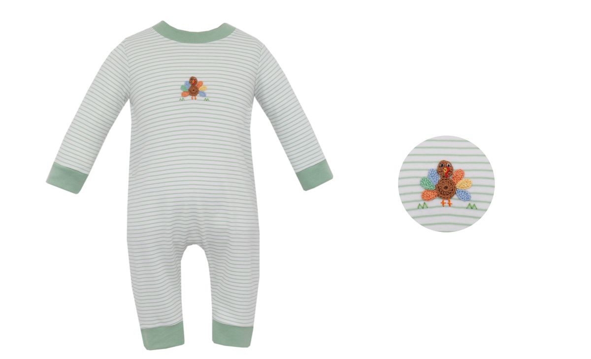 TURKEY- Boys Green knit stripe romper **PRESALE-SHIPS MID SEPTEMBER**