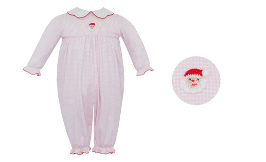 SANTA FACE GIRL´S - Pink gingham knit girl's long romper **PREORDER -SHIPS BY NOV 2ND**