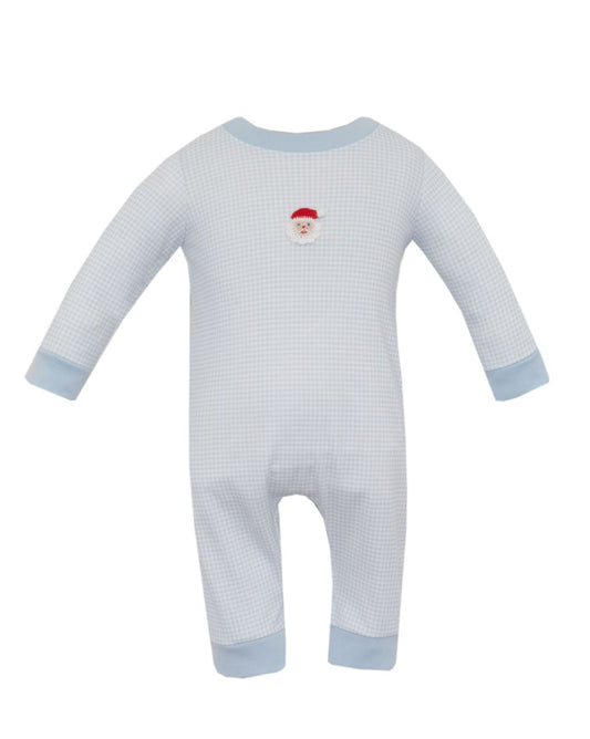 SANTA FACE BOY'S - blue gingham knit boy romper L/S**PREORDER -SHIPS BY NOV 2ND**