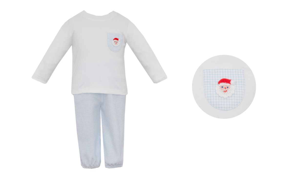 SANTA FACE BOY´S - Lt.blue gingham boy's pant set  **PREORDER -SHIPS BY NOV 2ND**