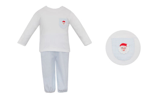 SANTA FACE BOY´S - Lt.blue gingham boy's pant set  **PREORDER -SHIPS BY NOV 2ND**