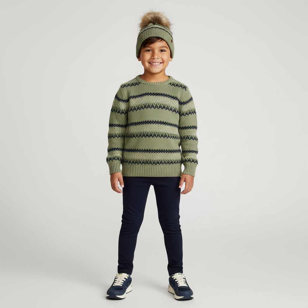 Fair Isle Crew Sweater- sage and navy