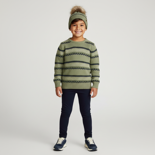 Fair Isle Crew Sweater- sage and navy