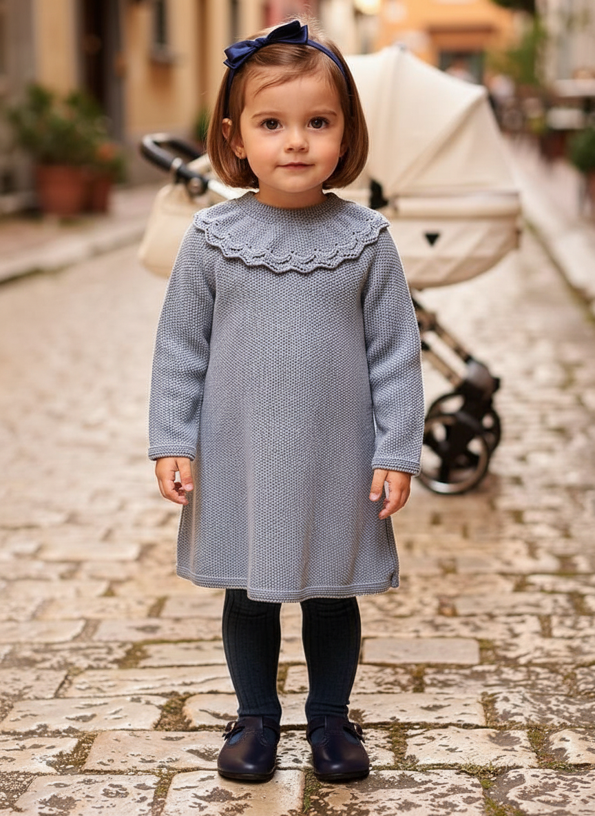 Dusty Blue Scalloped Collar Knit Dress