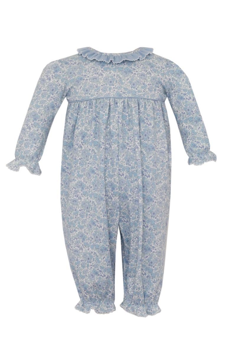 JOY - Blue liberty knit print girl's long romper  **PRESALE-SHIPS MID SEPTEMBER**