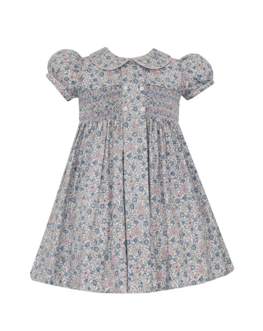 FLORENCE - Pink & Blue floral dress w/ front pleat w/ buttons **PREORDER-SHIPS MID AUGUST**