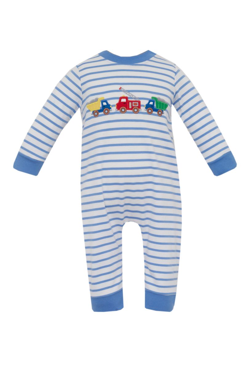 RESCUE & ROADWORK TRUCKS - Periwinkle blue knit stripe romper **PRESALE-SHIPS MID SEPTEMBER**