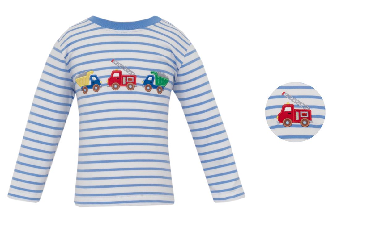 RESCUE & ROADWORK TRUCKS - Periwinkle blue knit stripe boy's T-shirt **PREORDER-SHIPS MID SEPTEMBER**