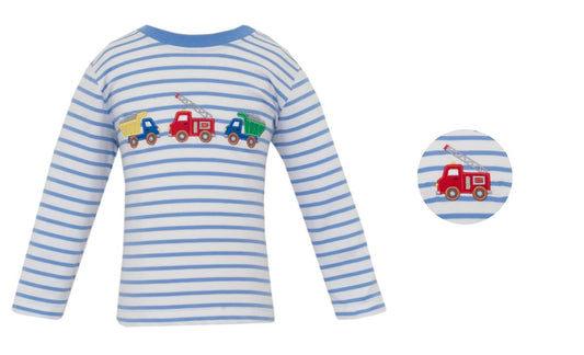 RESCUE & ROADWORK TRUCKS - Periwinkle blue knit stripe boy's T-shirt **PREORDER-SHIPS MID SEPTEMBER**