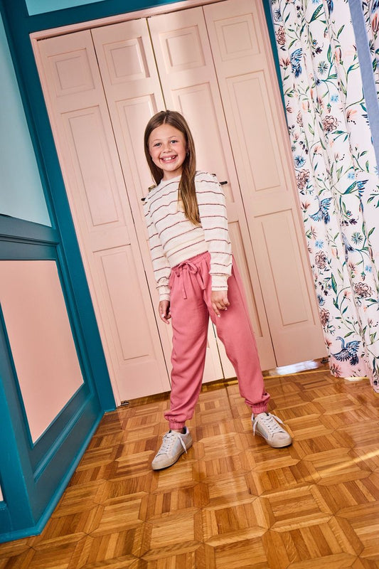 Pleat Janie Jogger Set- Grapefruit/Blush Stripe