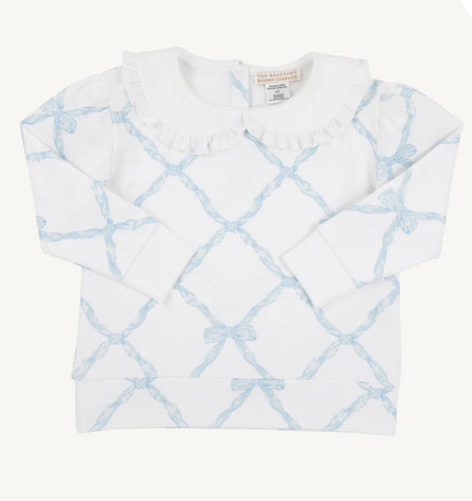 Maude's Ruffle Cassidy Comfy Crewneck-Belle Meade Bow Buckhead Blue