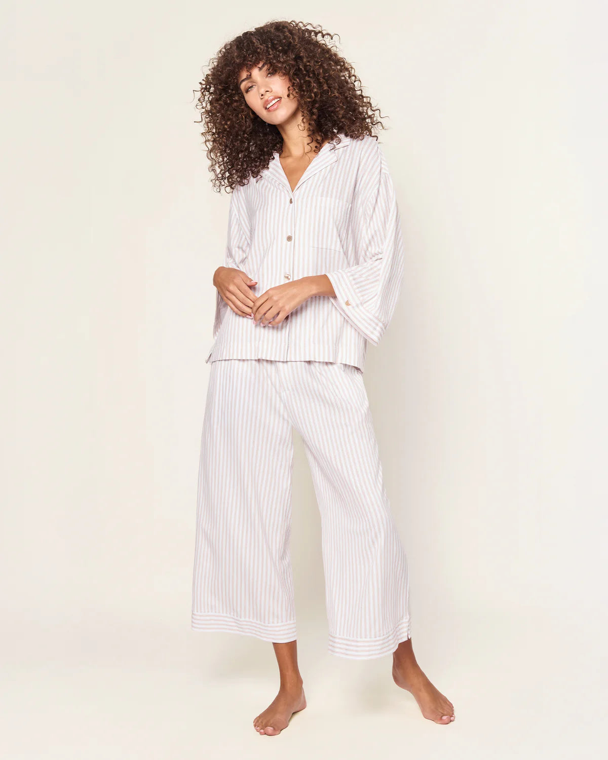 The Olivia Wide Leg Pima Pajama Set in Camel Ticking Stripe