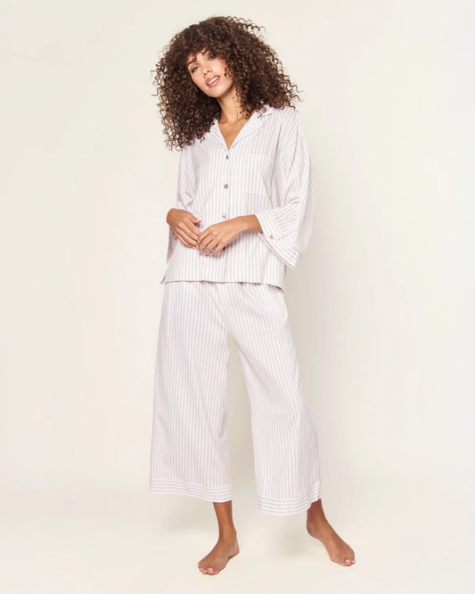 The Olivia Wide Leg Pima Pajama Set in Camel Ticking Stripe