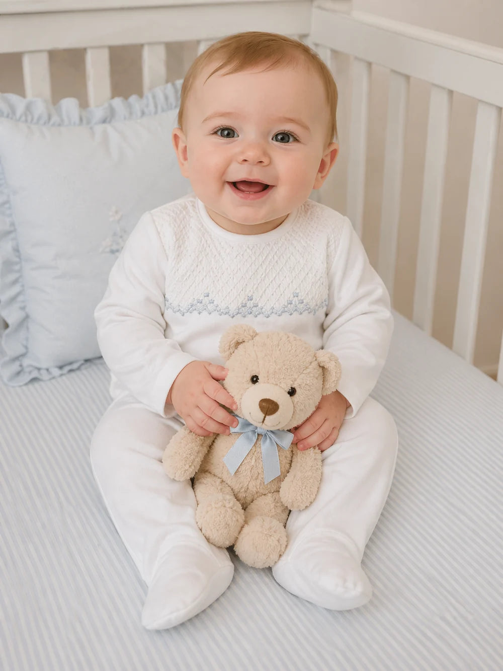 White/Blue Fully Smocked Footie