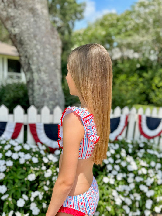 Loren Two Piece Swim - Patriotic Stars and Stripes Swim with Ric Rac *PRESALE*