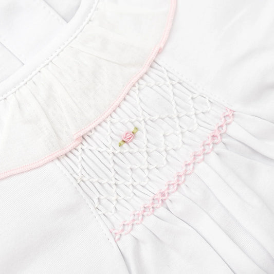 Sweetly Smocked Pima Footie, White & Pink