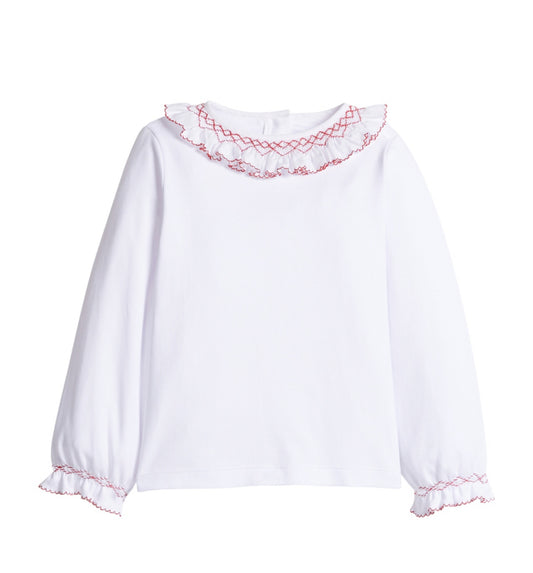 Smocked Madeline Blouse- White with Red