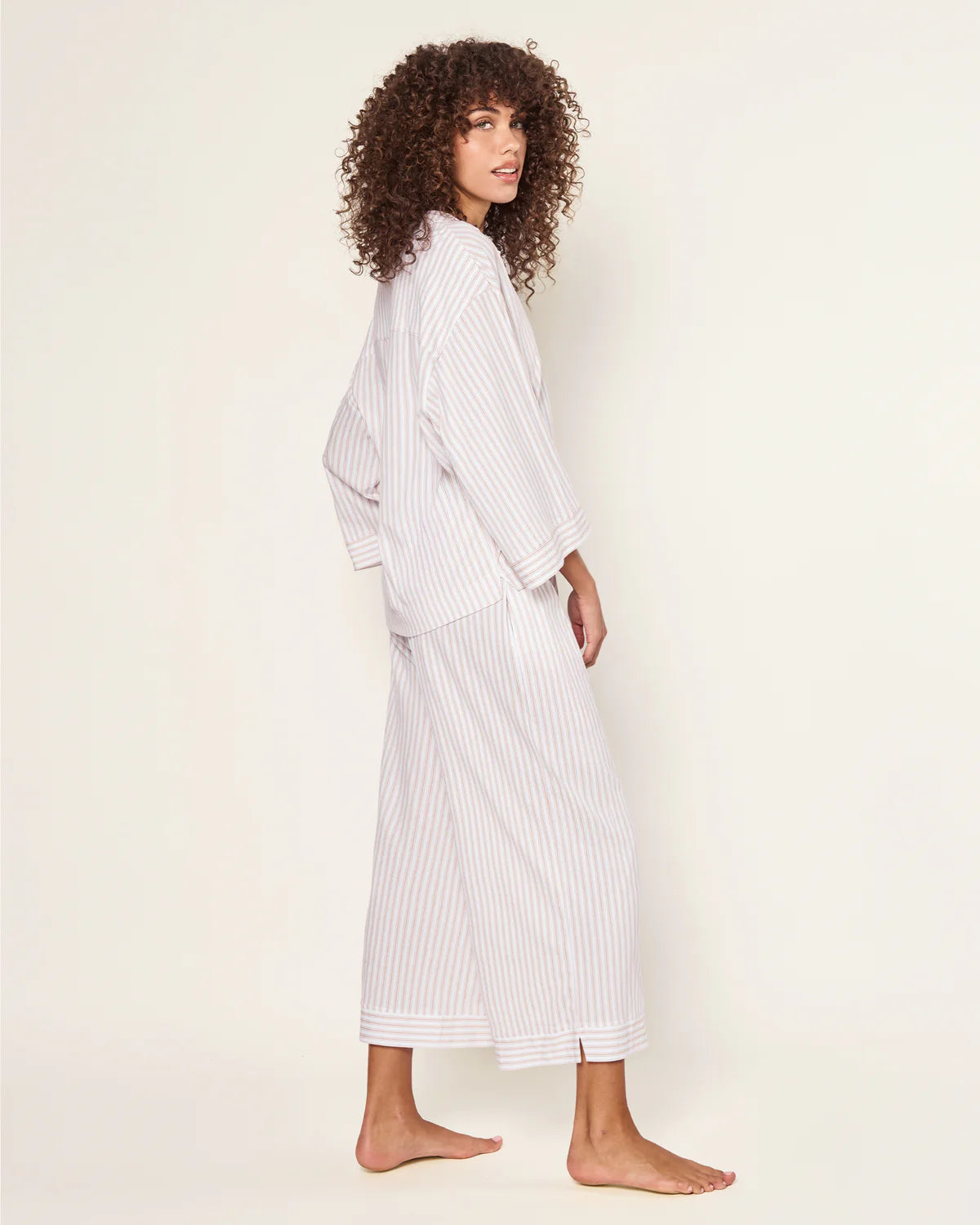 The Olivia Wide Leg Pima Pajama Set in Camel Ticking Stripe